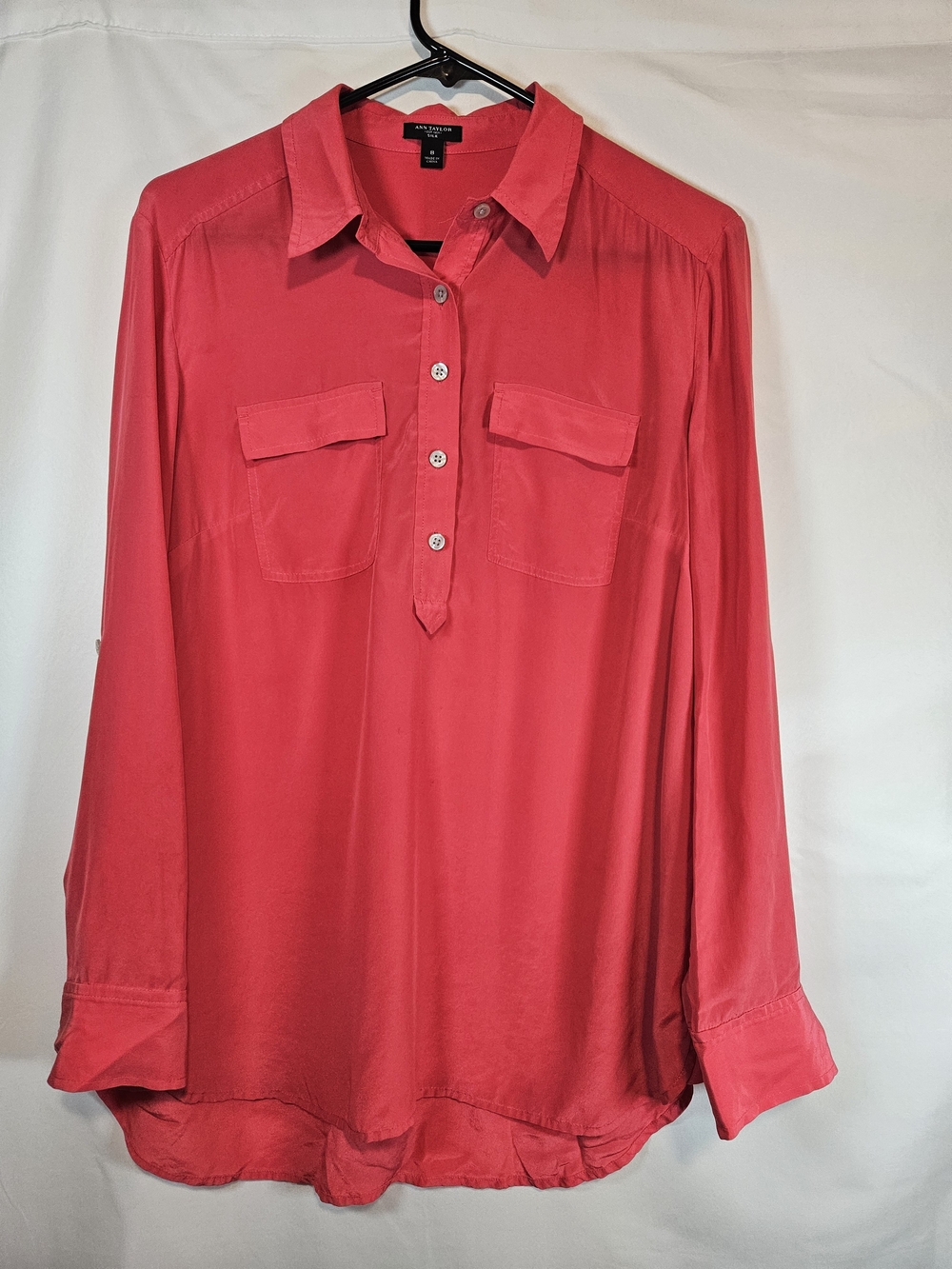 Ann Taylor Silk Coral-Red Button Front Long Sleeve Shirt